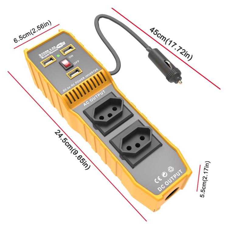 3-USB Dual-Socket Car Power Inverter Vehicle Power Converter US Plug 12V To 110V