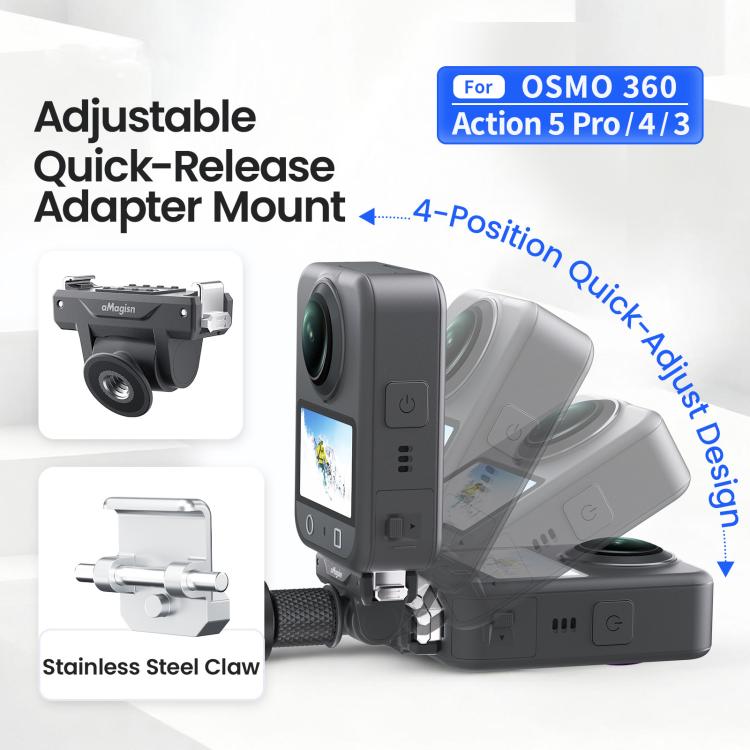 AMagisn Adjustable Quick Release Adapter For DJI Osmo 360/Action 5 Pro/4/3 - 4-Level Fast Perspective Switch - Black