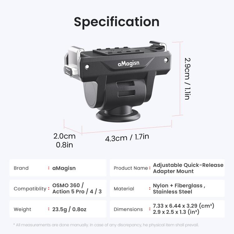 AMagisn Adjustable Quick Release Adapter For DJI Osmo 360/Action 5 Pro/4/3 - 4-Level Fast Perspective Switch - Black