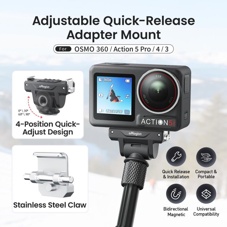 AMagisn Adjustable Quick Release Adapter For DJI Osmo 360/Action 5 Pro/4/3 - 4-Level Fast Perspective Switch - Black