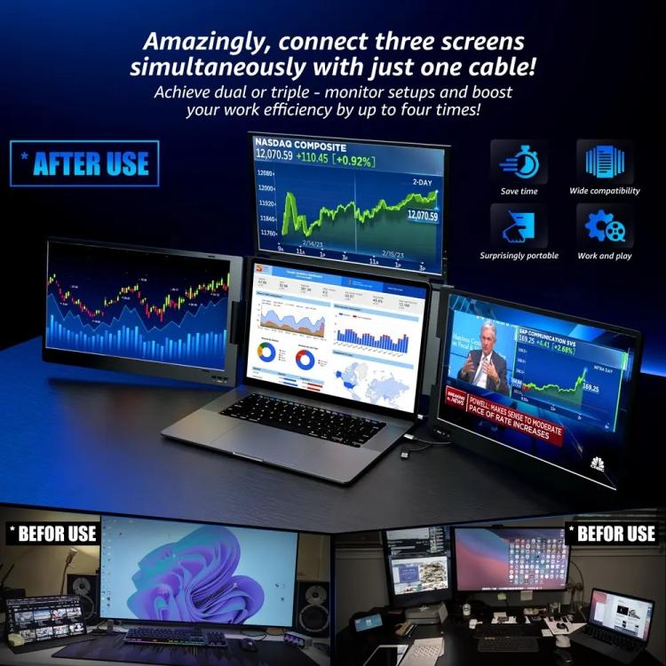 14 inch Triple-Screen One-Cable Connection 1080P Laptop Extension Display Portable Monitor