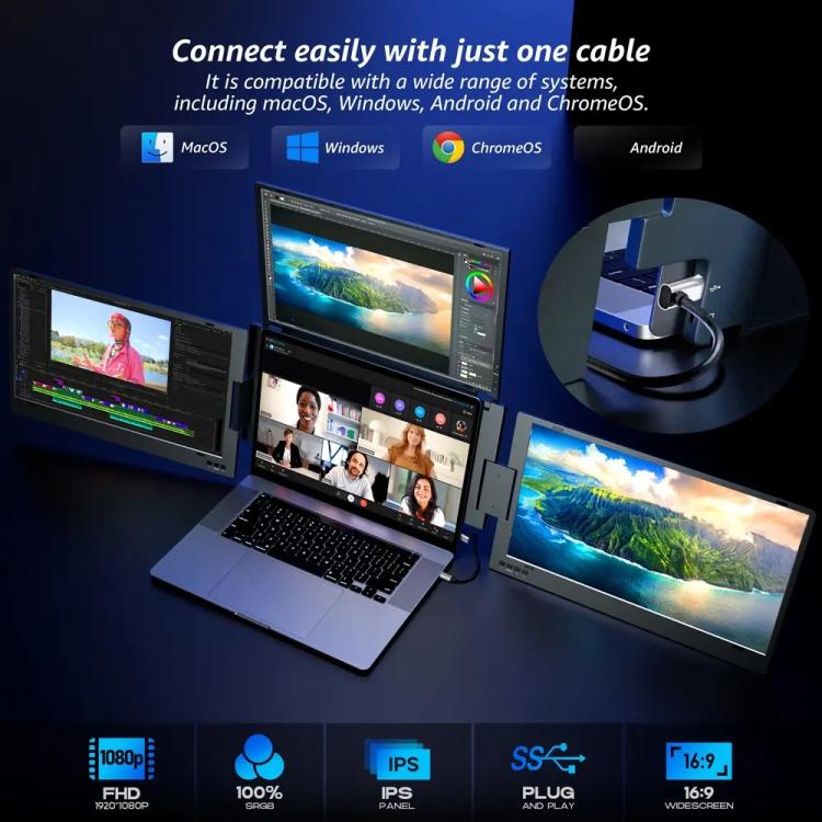 14 inch Triple-Screen One-Cable Connection 1080P Laptop Extension Display Portable Monitor