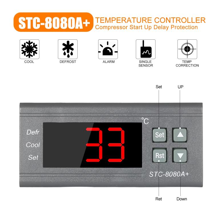 STC-8080A+ Digital Temperature Controller for Refrigeration with Defrost Function & Alarm, for Cold Room, Commercial Freezer - English Version