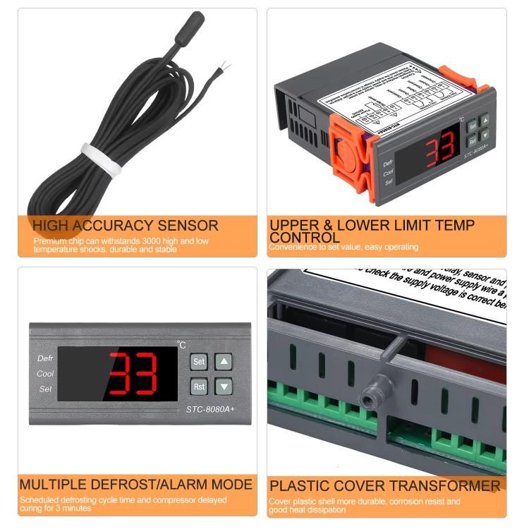 STC-8080A+ Digital Temperature Controller for Refrigeration with Defrost Function & Alarm, for Cold Room, Commercial Freezer - English Version