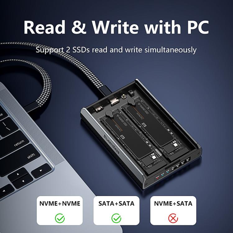 Blueendless DB280A3 M.2 Disk Array Enclosure NVMe / SATA Dual-Protocol RAID Portable SSD Enclosure 20Gbps Offline Copy