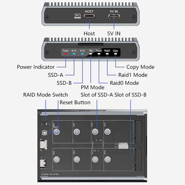 Blueendless DB280A3 M.2 Disk Array Enclosure NVMe / SATA Dual-Protocol RAID Portable SSD Enclosure 20Gbps Offline Copy