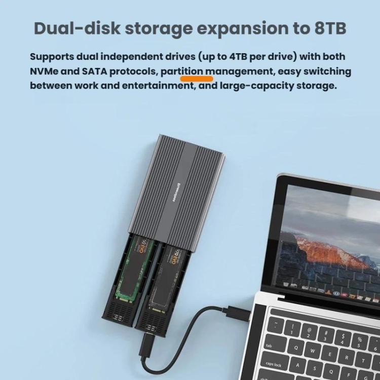 Blueendless M2826N M.2 NVMe x 2 Portable Hard Drive Enclosure Dual-Bay External M.2 Reader