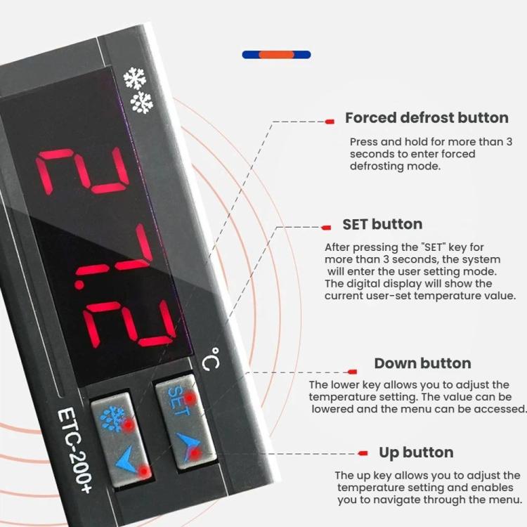 ETC-200+ Digital Temperature Controller with Refrigeration, Heating, Defrost Delay & Alarm 220V English Version