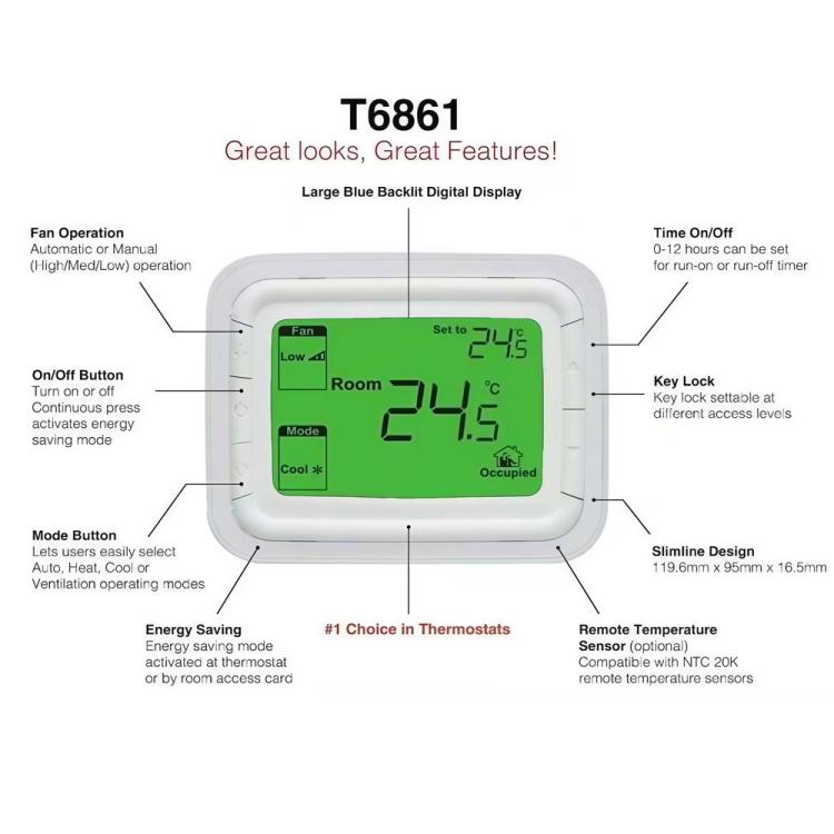 T6861H2WB 220V Digital Thermostat with Large LCD Display for FCU Air Conditioner
