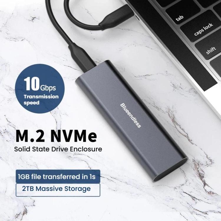 Blueendless 2802N Aluminum Alloy NVMe Portable Hard Drive Enclosure With Screw-Lock M.2 SSD Reader, Spec: With USB Cable