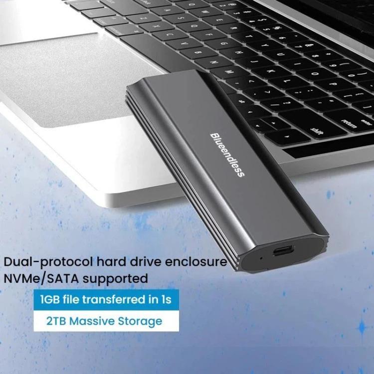 Blueendless M.2 Dual-Protocol Portable Hard Drive Enclosure NVMe/SATA Universal Aluminum Alloy SSD Enclosure, Style: Curved With Type-C To USB Cable