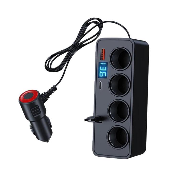 BY-1847 120W 1-To-4 Retractable Car Cable Digital Display Cigarette Lighter Car Charger - Black