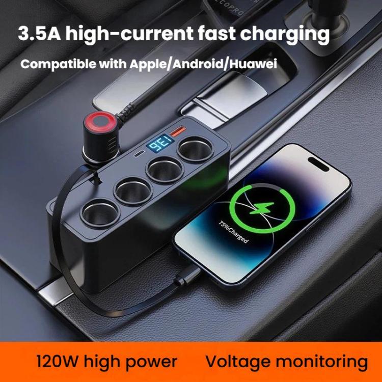 BY-1847 120W 1-To-4 Retractable Car Cable Digital Display Cigarette Lighter Car Charger - Black