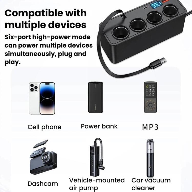 BY-1847 120W 1-To-4 Retractable Car Cable Digital Display Cigarette Lighter Car Charger - Black