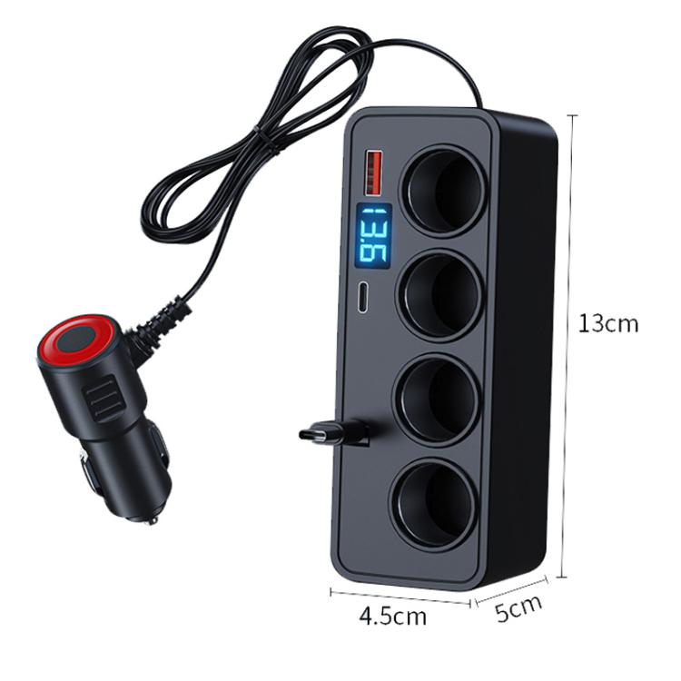 BY-1847 120W 1-To-4 Retractable Car Cable Digital Display Cigarette Lighter Car Charger - Black