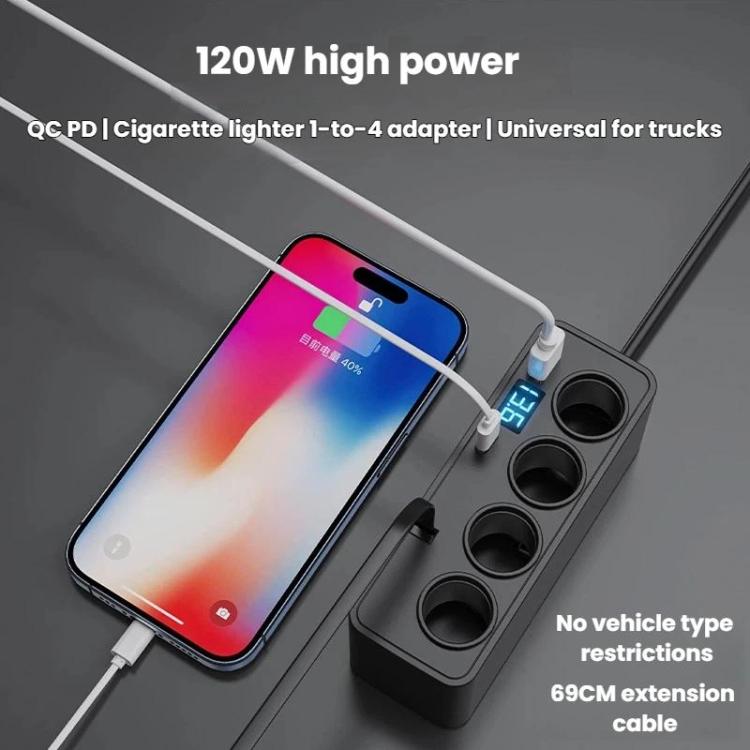 BY-1847 120W 1-To-4 Retractable Car Cable Digital Display Cigarette Lighter Car Charger - Black