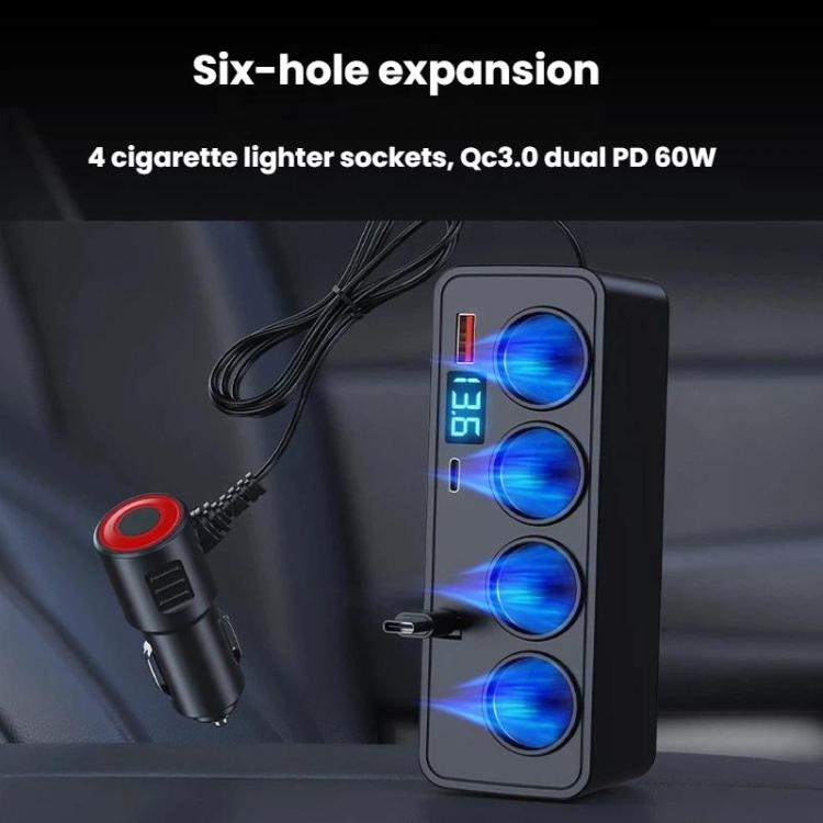 BY-1847 120W 1-To-4 Retractable Car Cable Digital Display Cigarette Lighter Car Charger - Black