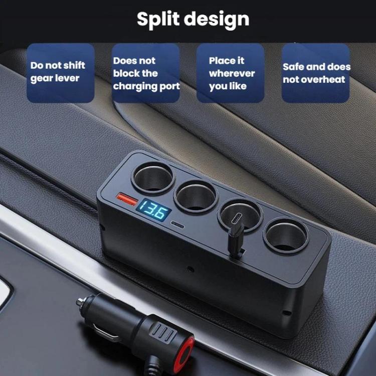 BY-1847 120W 1-To-4 Retractable Car Cable Digital Display Cigarette Lighter Car Charger - Black