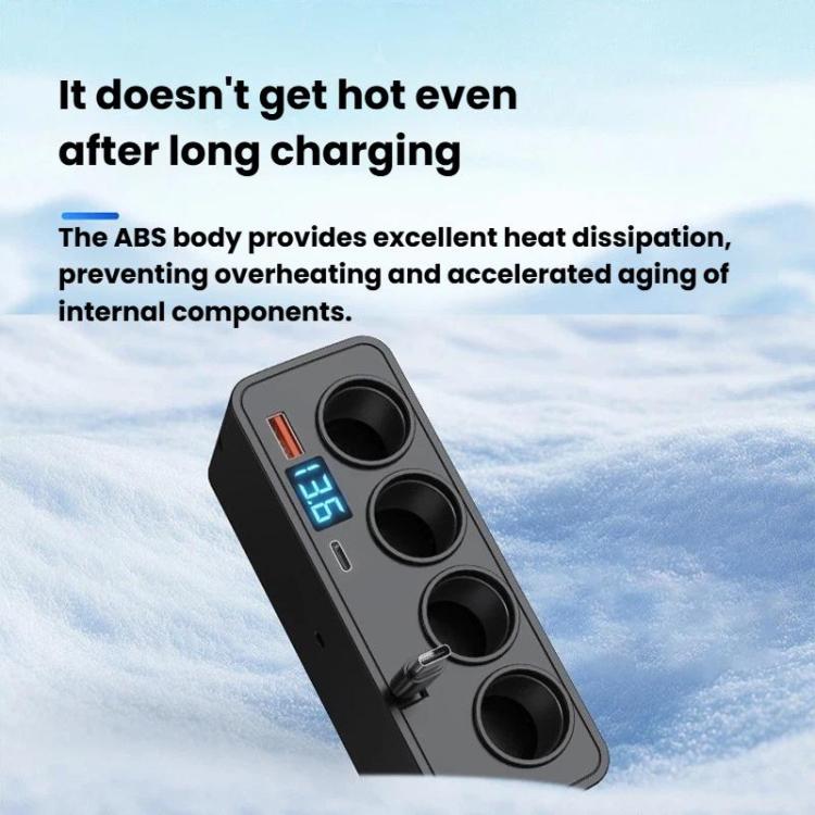 BY-1847 120W 1-To-4 Retractable Car Cable Digital Display Cigarette Lighter Car Charger - Black