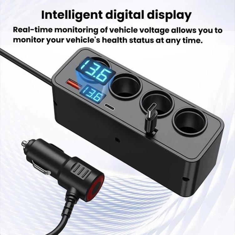 BY-1847 120W 1-To-4 Retractable Car Cable Digital Display Cigarette Lighter Car Charger - Black