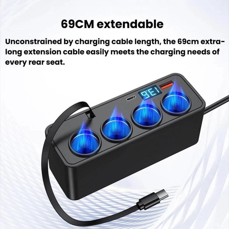 BY-1847 120W 1-To-4 Retractable Car Cable Digital Display Cigarette Lighter Car Charger - Black