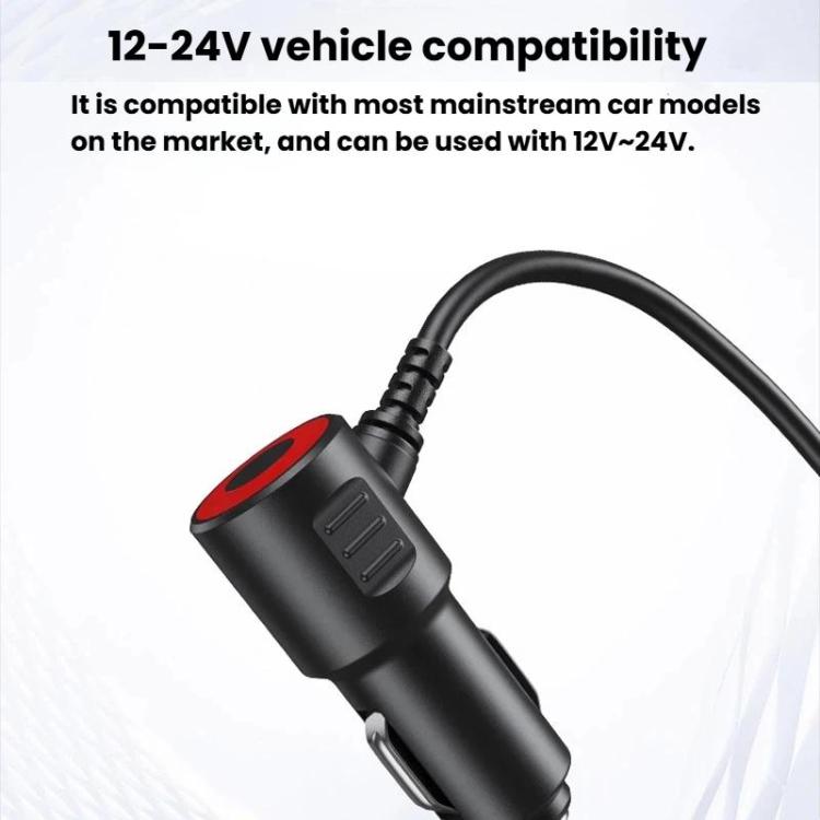 BY-1847 120W 1-To-4 Retractable Car Cable Digital Display Cigarette Lighter Car Charger - Black