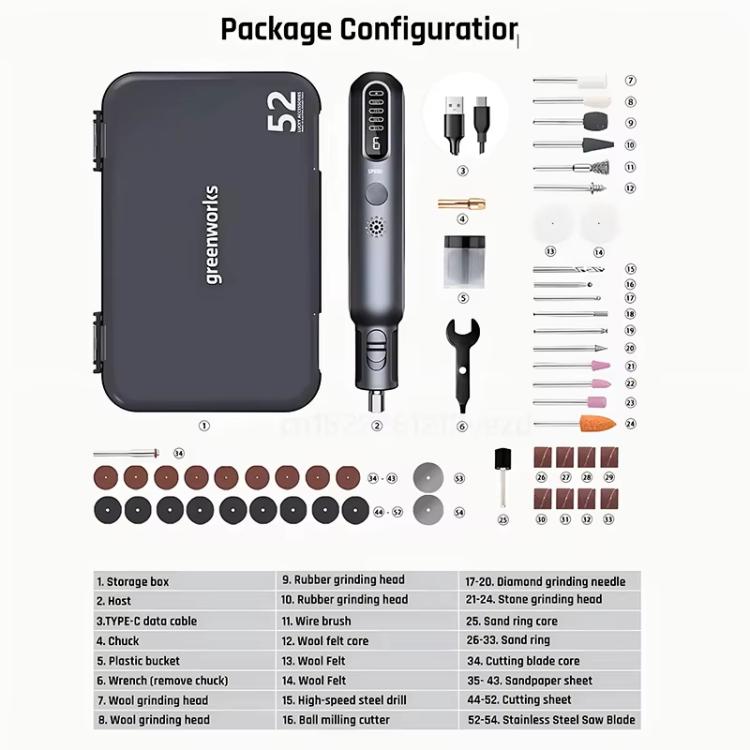 Greenworks 8V Mini Grinder 52pcs Grinding Rotary Tools Combo Cordless Variable Speed Wireless Engraver AGK302