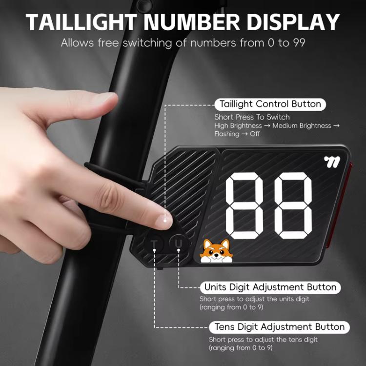 WEST BIKING USB-C Rechargeable Bicycle Number Plate Light 3 Light Modes, Adjustable Number 0-99 - Black