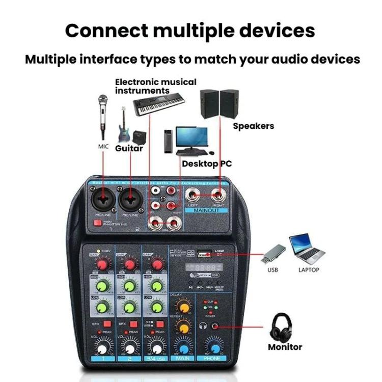 D4 4-Channel Mixer With Reverb Stage & Live Streaming Audio Mixer - Blue