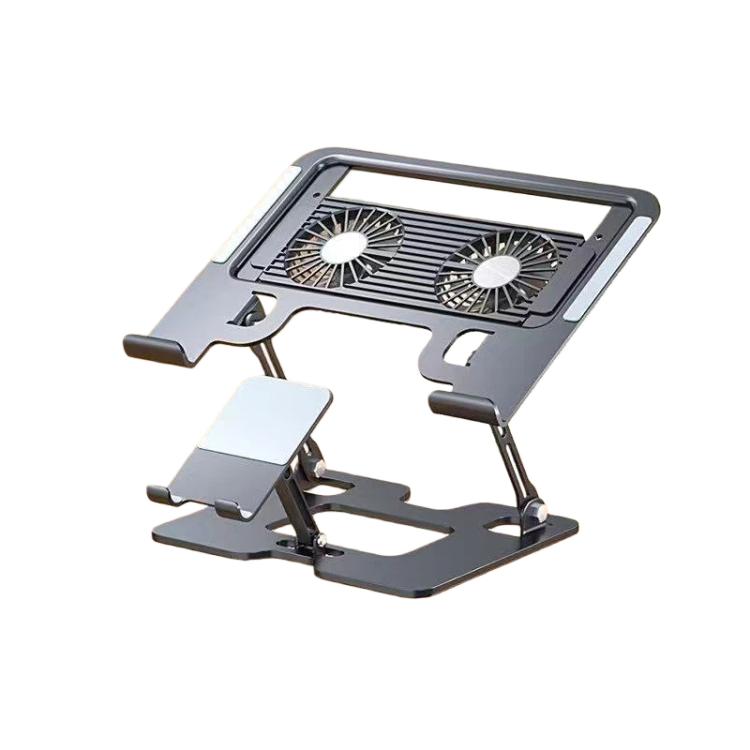 2-in-1 Foldable Laptop Tablet Stand Riser with Phone Holder Fan Type Black