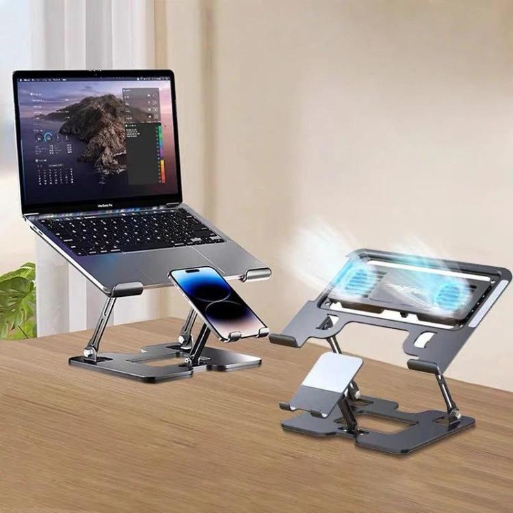 2-in-1 Foldable Laptop Tablet Stand Riser with Phone Holder Fan Type Black