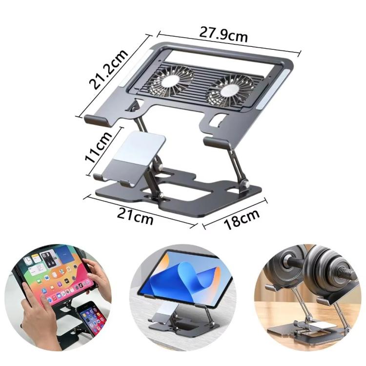 2-in-1 Foldable Laptop Tablet Stand Riser with Phone Holder Fan Type Black