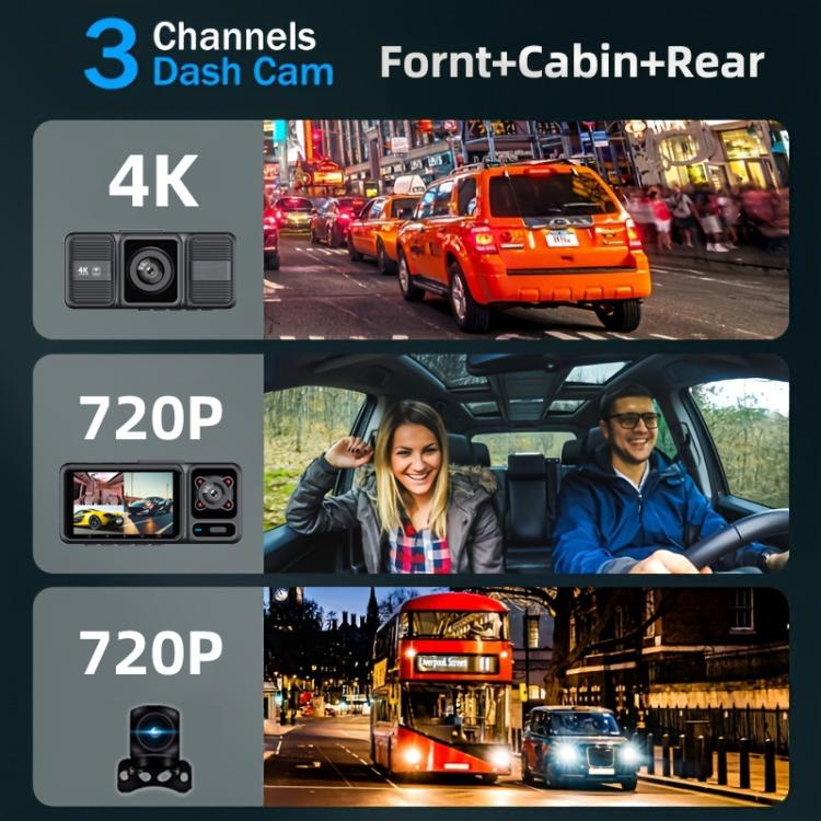 2-Inch WIFI Mobile Phone Playback 4K HD Night Vision Dashcam, Specification: Front+Interior+Rear+32g