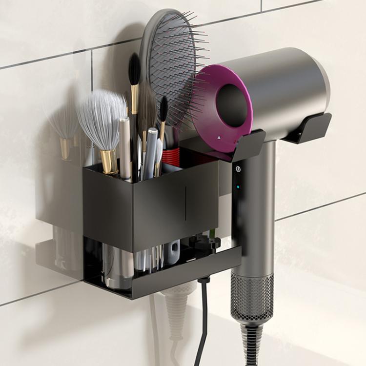 Universal Hair Dryer Holder Wall Mount with Cord Organizer Storage for Hair Styling Tools, Spec: No-drill Black