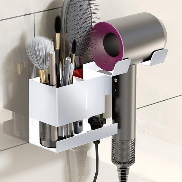 Universal Hair Dryer Holder Wall Mount with Cord Organizer Storage for Hair Styling Tools, Spec: Drill White
