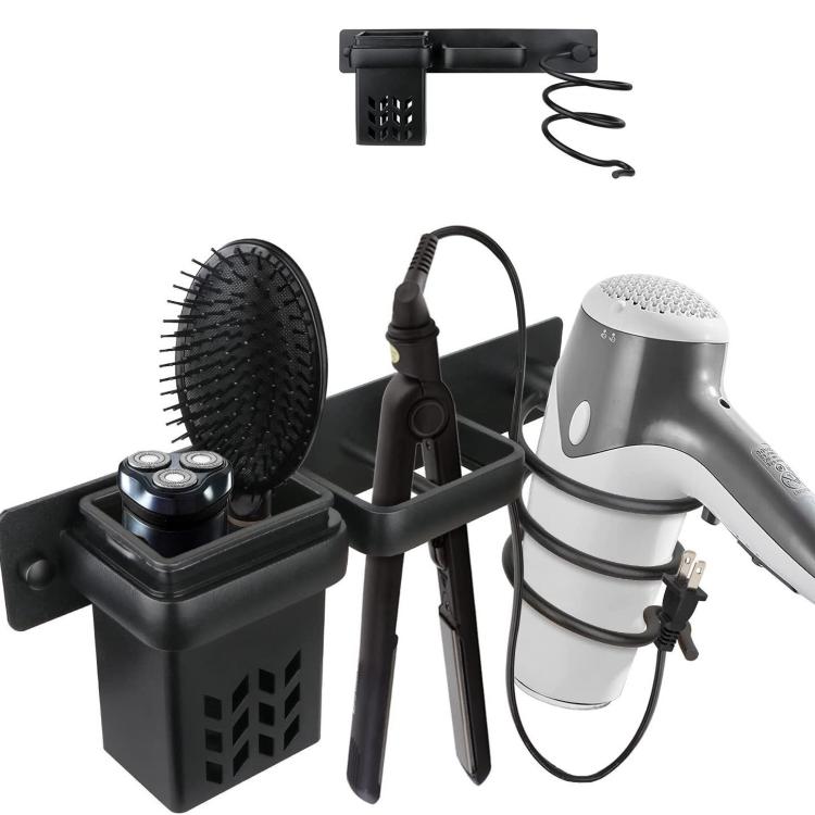 Aluminum Wall Mounted Hair Dryer and Straightener Holder Bathroom Organizer - Black