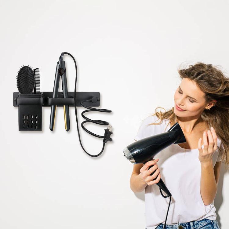 Aluminum Wall Mounted Hair Dryer and Straightener Holder Bathroom Organizer - Black