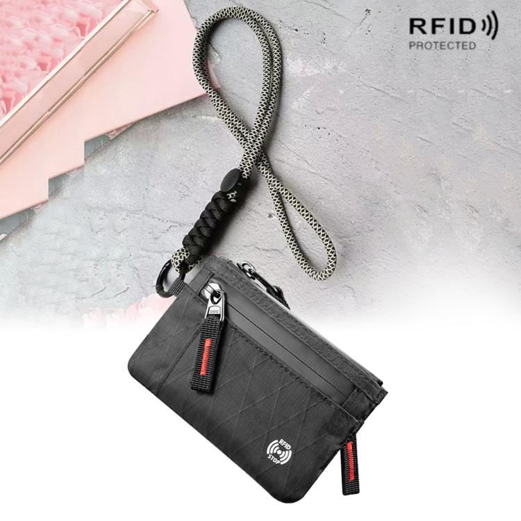 Anti-Theft Card Holder RFID-Protected Portable Key Coin Wallet Multifunctional Travel Document Case, Color: Black Red Zipper With Lanyard