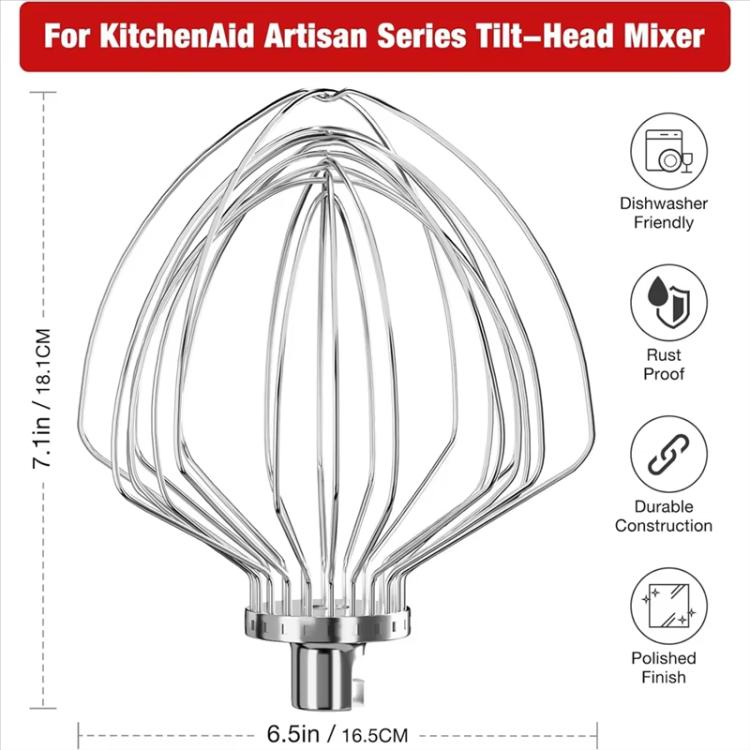 11-Wire Stainless Steel Whisk Attachment for KitchenAid 7 Quart Bowl-Lift Stand Mixer - KN211WW