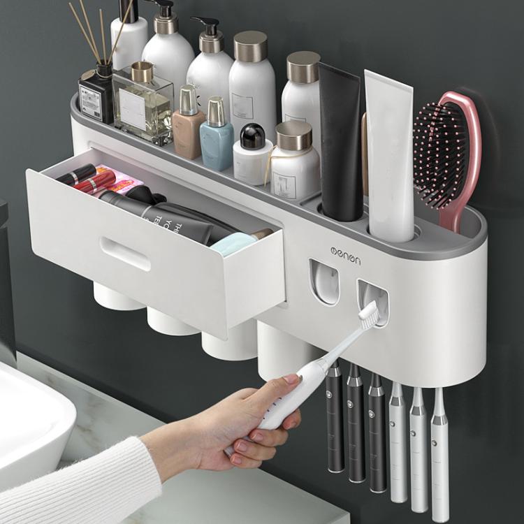 Mengni Bathroom Toothbrush Holder With Dual Toothpaste Dispenser Mouthwash Cup Set, Size: 5 Cups - Gray