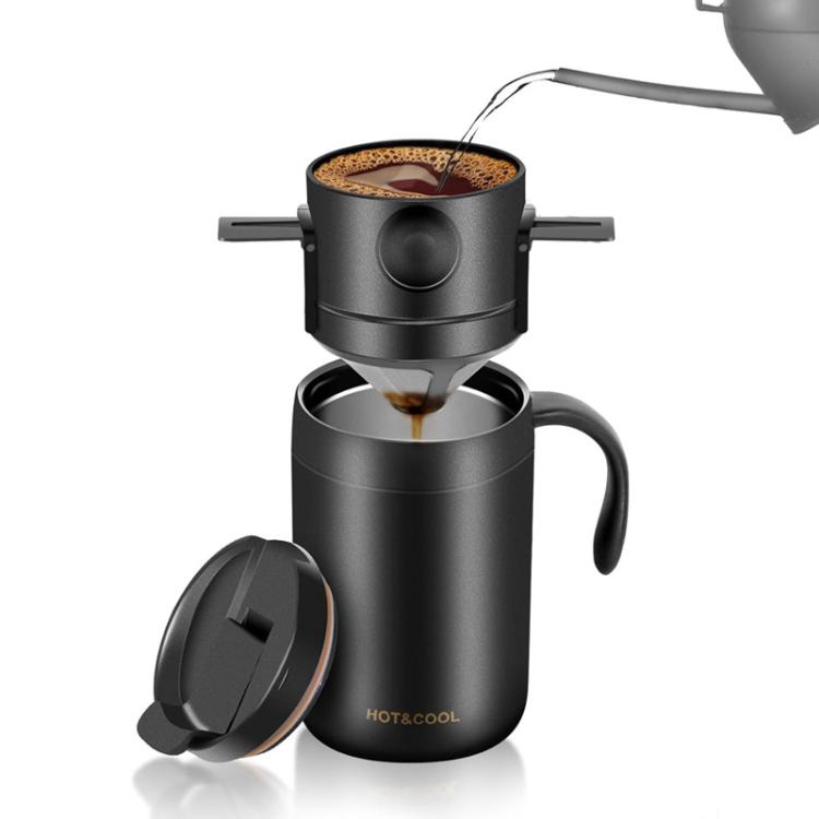 Portable Outdoor Coffee Maker Cup Stainless Steel Thermos Home Coffee Cup Drip Set, Color: Black Cup+Drip Tray