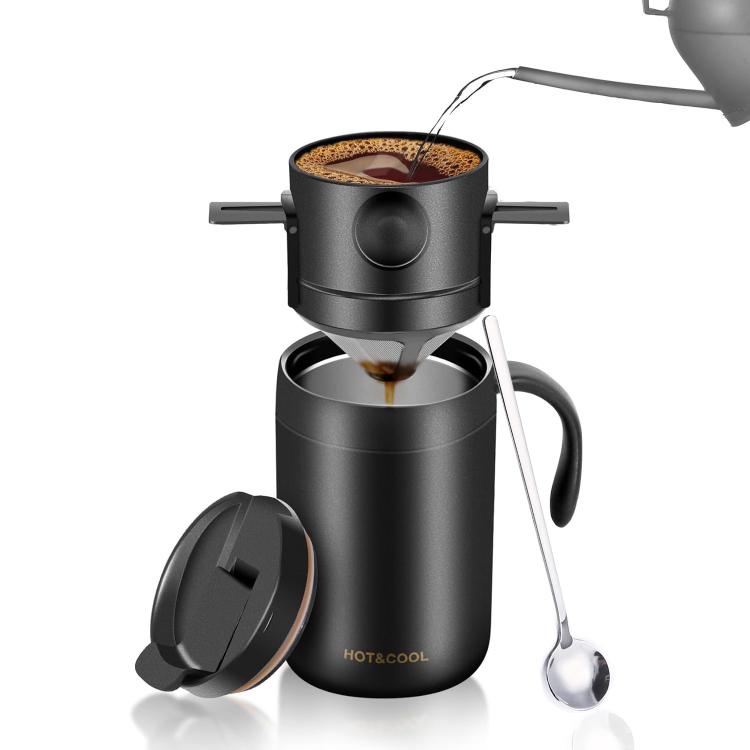Portable Outdoor Coffee Maker Cup Stainless Steel Thermos Home Coffee Cup Drip Set, Color: Black Cup+Drip Tray+Spoon