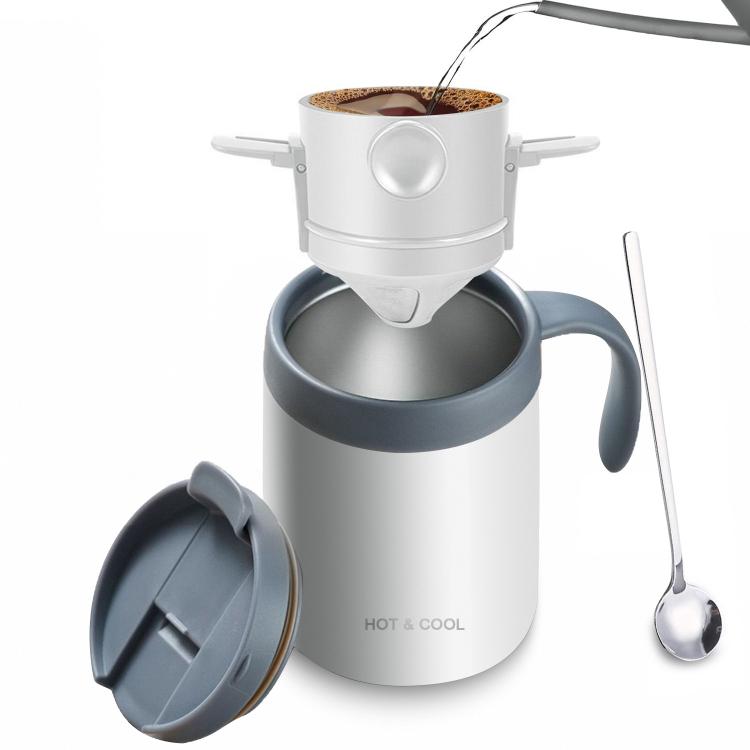 Portable Outdoor Coffee Maker Cup Stainless Steel Thermos Home Coffee Cup Drip Set, Color: White Cup+Drip Tray+Spoon