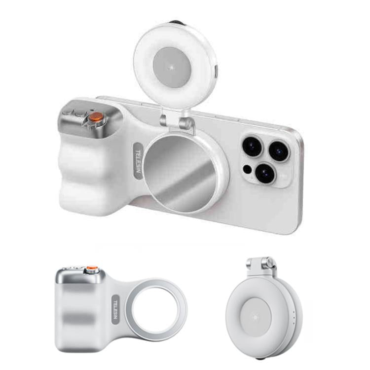 TELESIN Magnetic Phone Mounting Aid Photography Handle Remote Control Assistant, Spec: White Camera Grip+White Fill Light