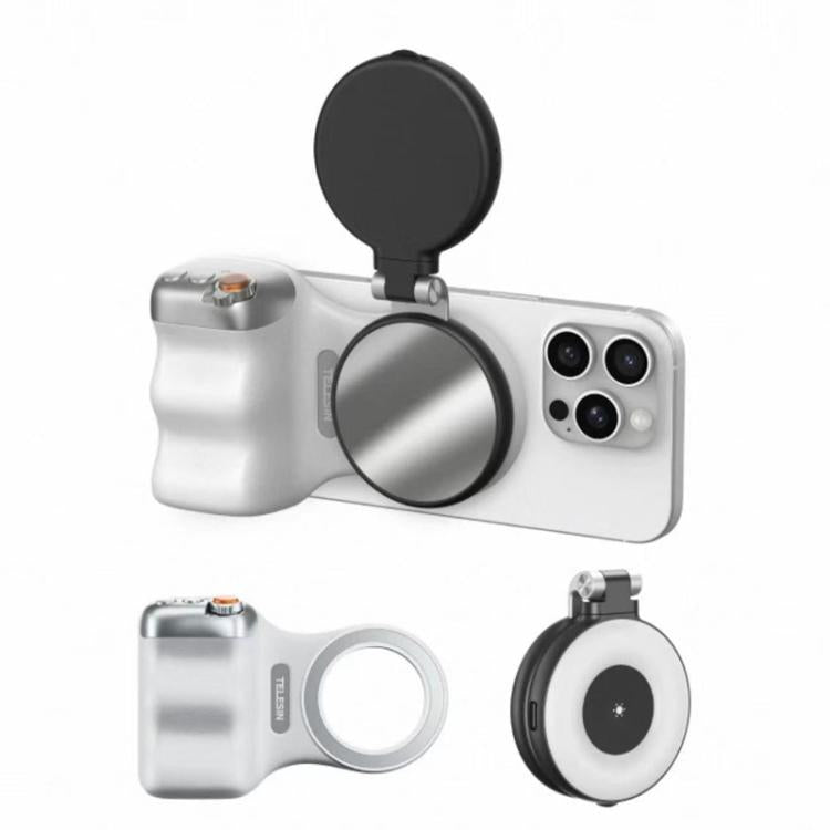 TELESIN Magnetic Phone Mounting Aid Photography Handle Remote Control Assistant, Spec: White Camera Grip+Black Fill Light