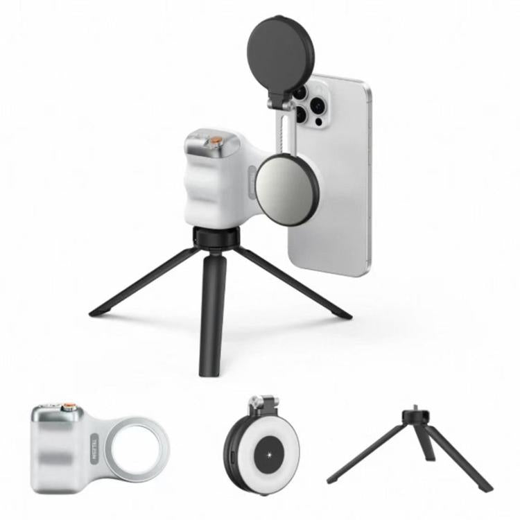 TELESIN Magnetic Phone Mounting Aid Photography Handle Remote Control Assistant, Spec: White Camera Grip+Tripod+Black Fill Light