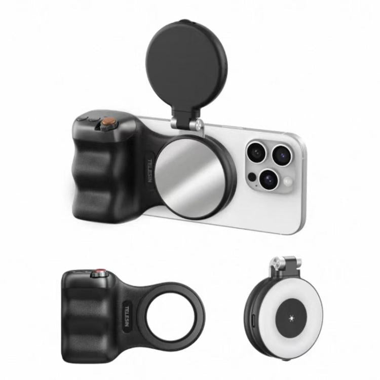 TELESIN Magnetic Phone Mounting Aid Photography Handle Remote Control Assistant, Spec: Black Camera Grip+Black Fill Light