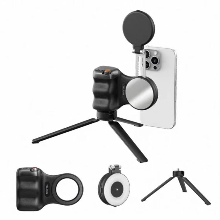 TELESIN Magnetic Phone Mounting Aid Photography Handle Remote Control Assistant, Spec: Black Camera Grip+Tripod+Black Fill Light