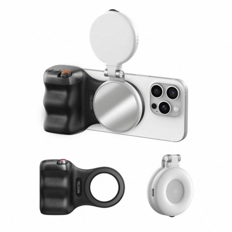 TELESIN Magnetic Phone Mounting Aid Photography Handle Remote Control Assistant, Spec: Black Camera Grip+White Fill Light