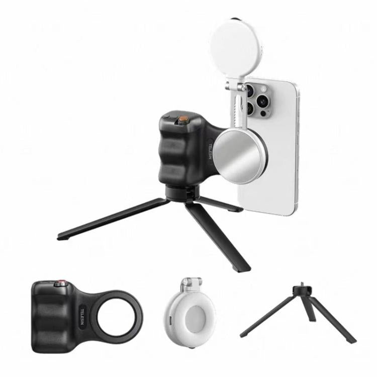 TELESIN Magnetic Phone Mounting Aid Photography Handle Remote Control Assistant, Spec: Black Camera Grip+Tripod+White Fill Light
